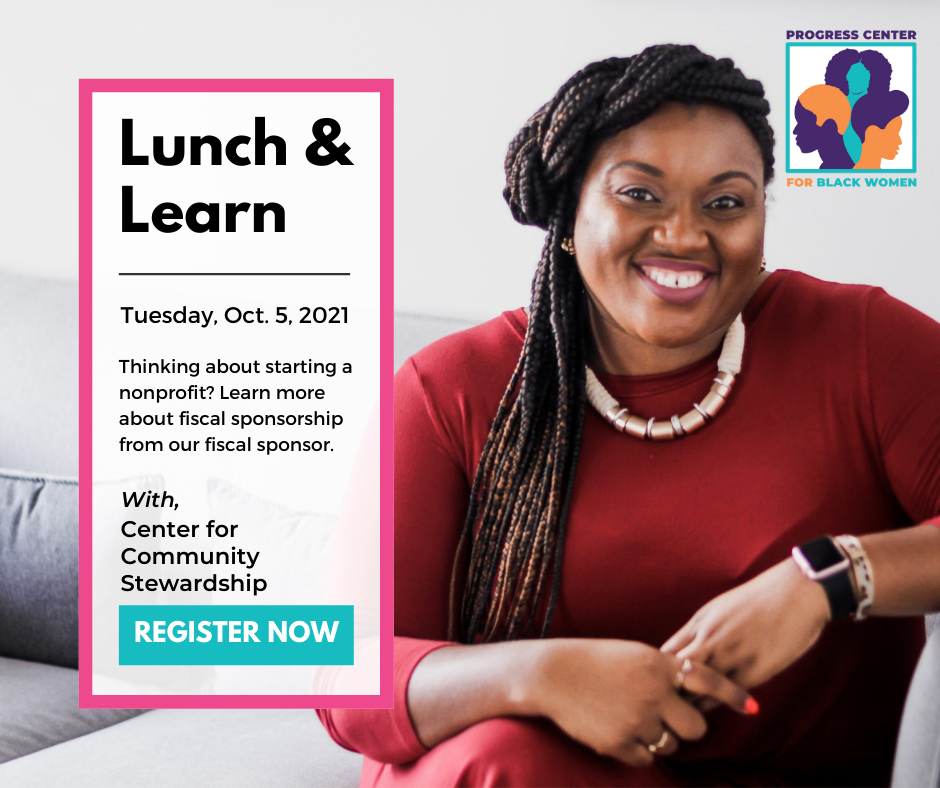 Black woman sitting on couch and event details